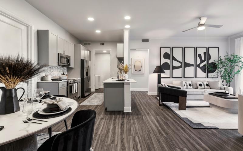 a kitchen and a living room with a couch, table and chairs